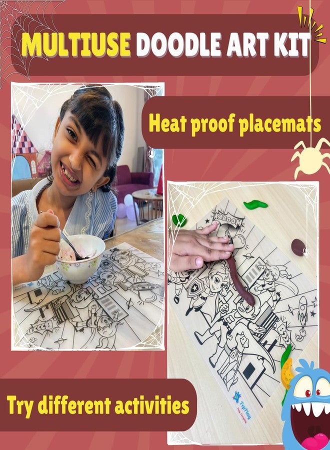 PepPlay Doodle Placemats - Superheroes and Monsters, 2 Coloring mats & 6 Quick Dry Smudge-Free Markers, Travelling Toys, No Mess Art Kit, Color and Wipe, Gifts for 3-7 Years - Image 5